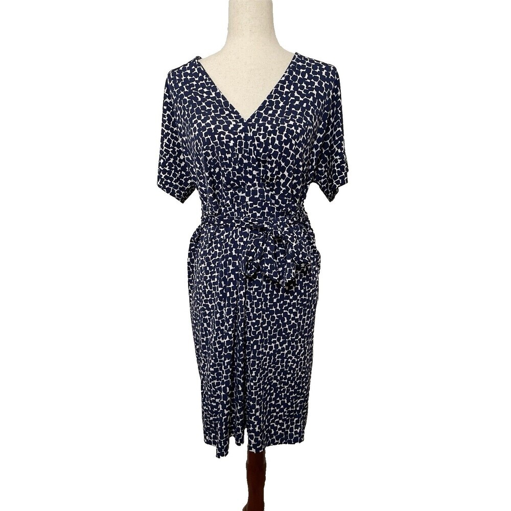 BCBGMAXAZRIA Women’s Large Blue White Print V-Neck Tie Waist Dress Stretch Wrap